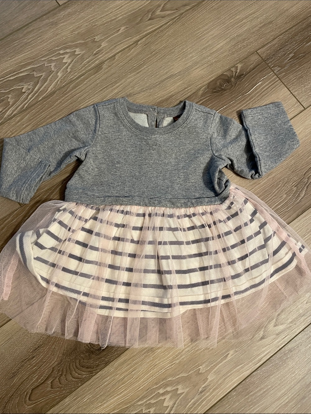 Tea Collection Baby 3-6 Months Gray Top with Pink Tulle and Striped Skirt Dress
